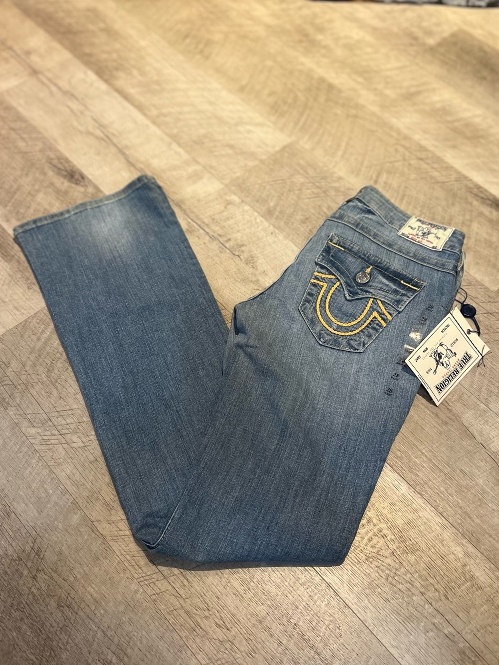 True Religion Women's Light Blue Boot Cut Jeans with Yellow Stitching